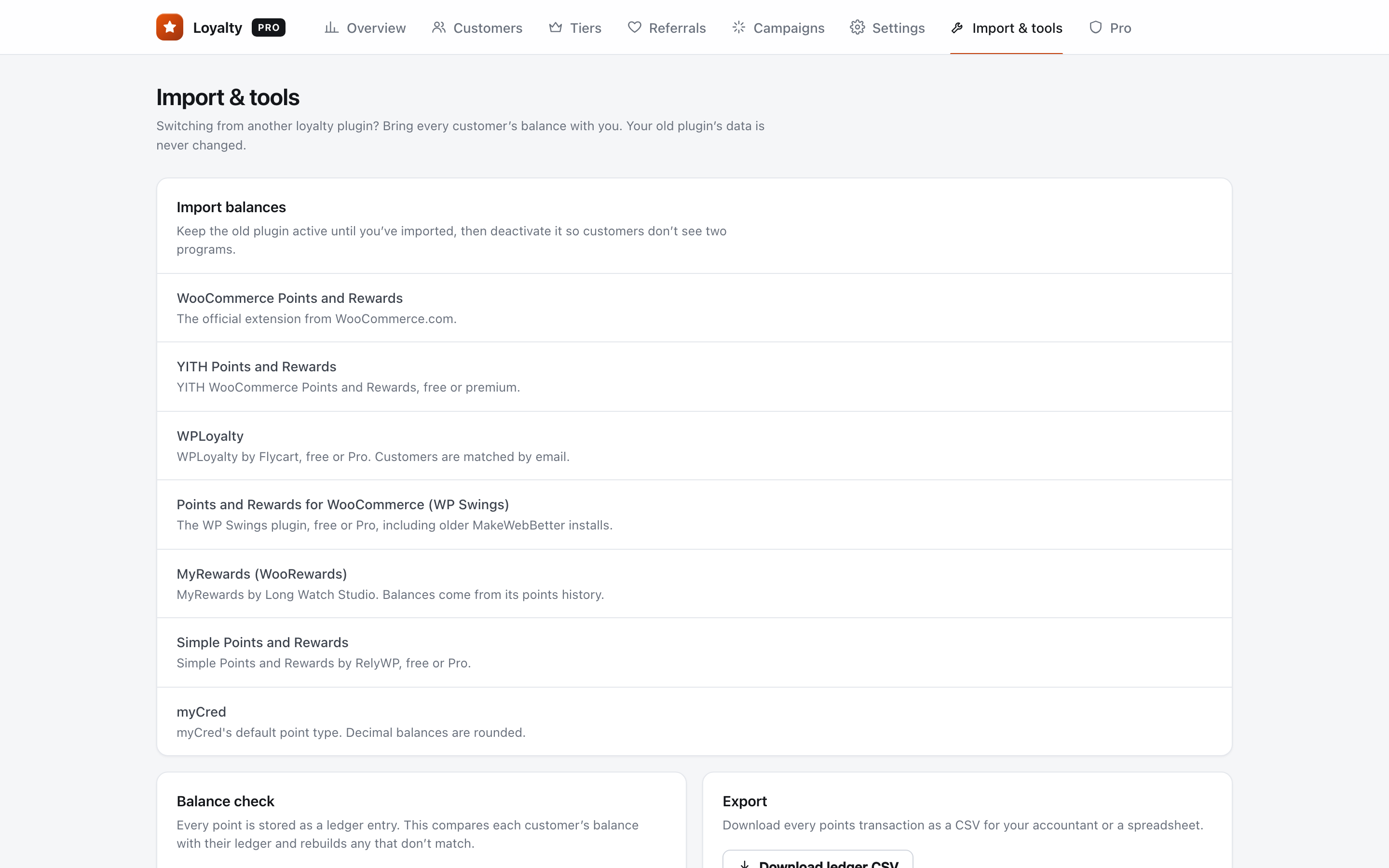 Import screen listing other loyalty plugins with a preview of customers and points found